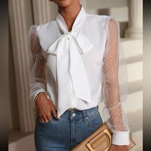 White Elegant Sheer Mesh Lace Polka Dots Tie Top Button Down Shirt Blouse